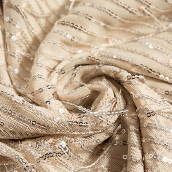 Beige Party Women's Plunging Neck Dress With Sequin Fringe Trim - Picture 7 of 7